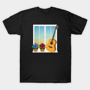 Acoustic Guitar Leaning Against Window with Flowers T-Shirt